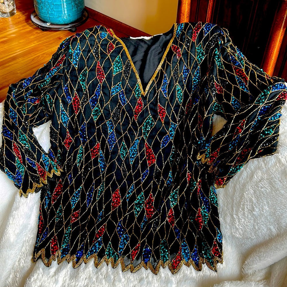Sequin beaded tunic top, jewel tones